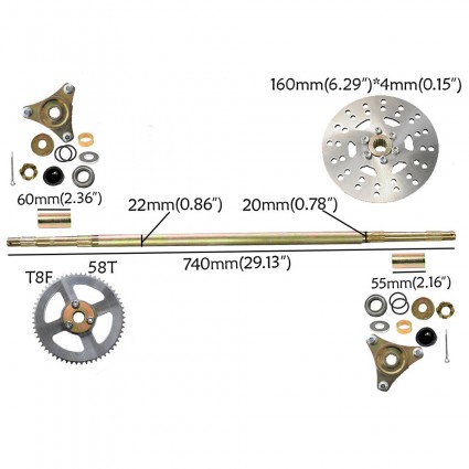 740mm Go Kart Rear Axle Kit Hub Disc Rotor T8F Chain Sproket Drift Trike Cart