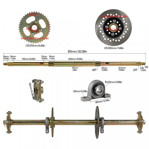 1" x 32" Go Kart Live Axle Kit Chain Sprocket Brake Disc fr Quad Golf Cart