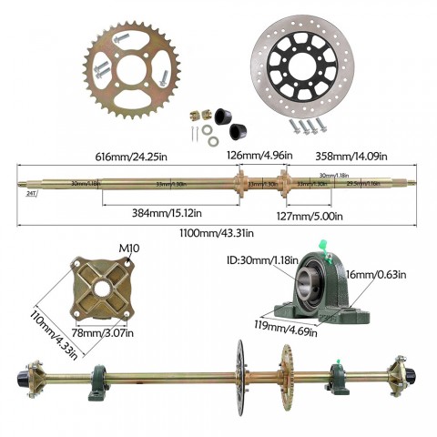 44" Go Kart Rear Axle Wheel Hub 530 Sprocket Disc Rotor Go Cart ATV Buggy Quad