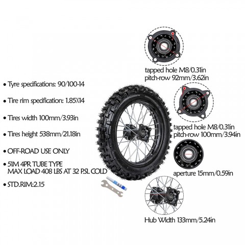 15mm 90/100-14 Rear Tire Wheel Rim 1.85x14 for Off-road Dirt Bike 