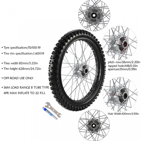 19" 70/100-19 Front Wheel Tire on Rim for 15mm Axle Disc Brake Dirt Pit Bike